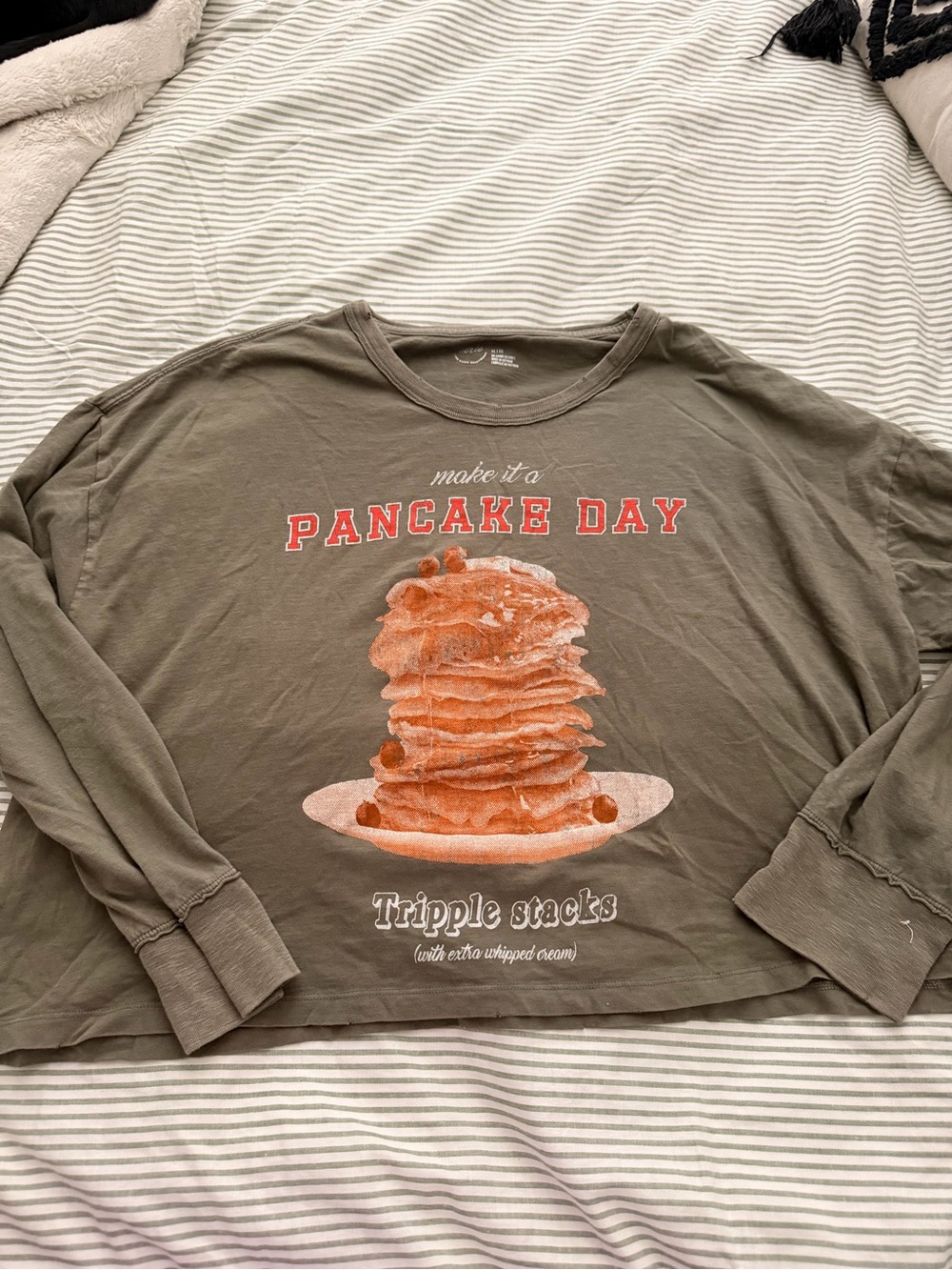 aerie Pancake Day Graphic Long Sleeve Tee - Olive with Orange Print